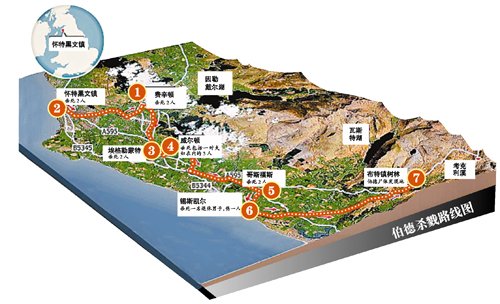 槍殺案示意圖，槍手在若干個地方向不同的人開槍